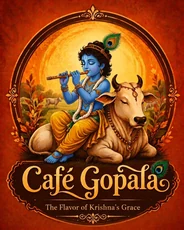 Cafe Gopala — Krishna playing the flute beside a cow